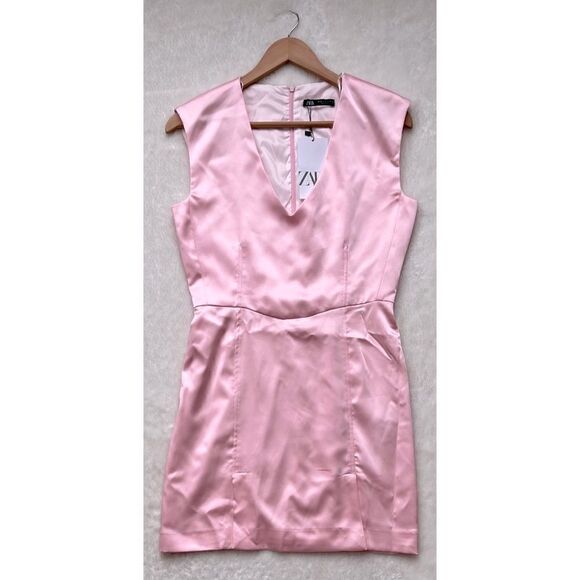 NWT Zara Pink Satin Effect Sleeveless V-Neck Short Mini Dress, Size Medium - Picture 7 of 15